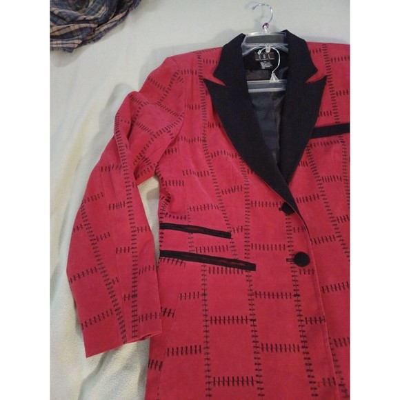 Justin Taylor faux suede patchwork stitching blazer red size 14 black lapels - Picture 4 of 12
